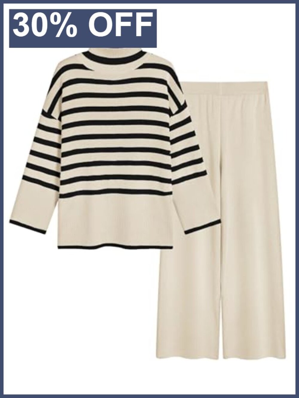 Striped Knit Sweater Set Turtleneck Wide Leg Lounge Pants 2 Piece